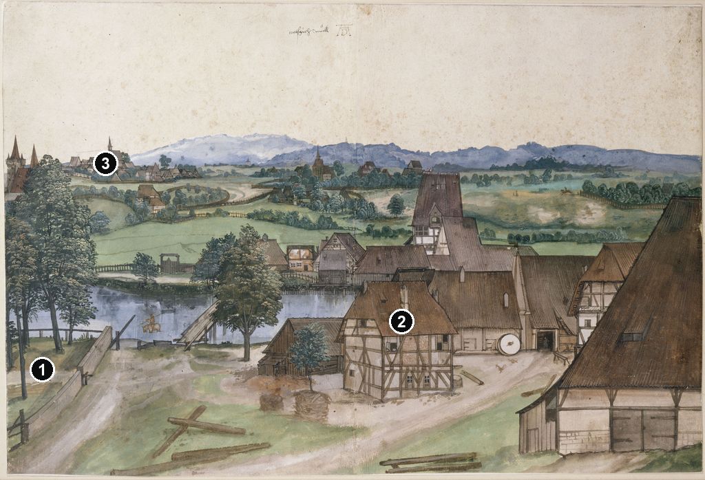 Annotated details from The Wire-Drawing Mill by Albrecht Dürer